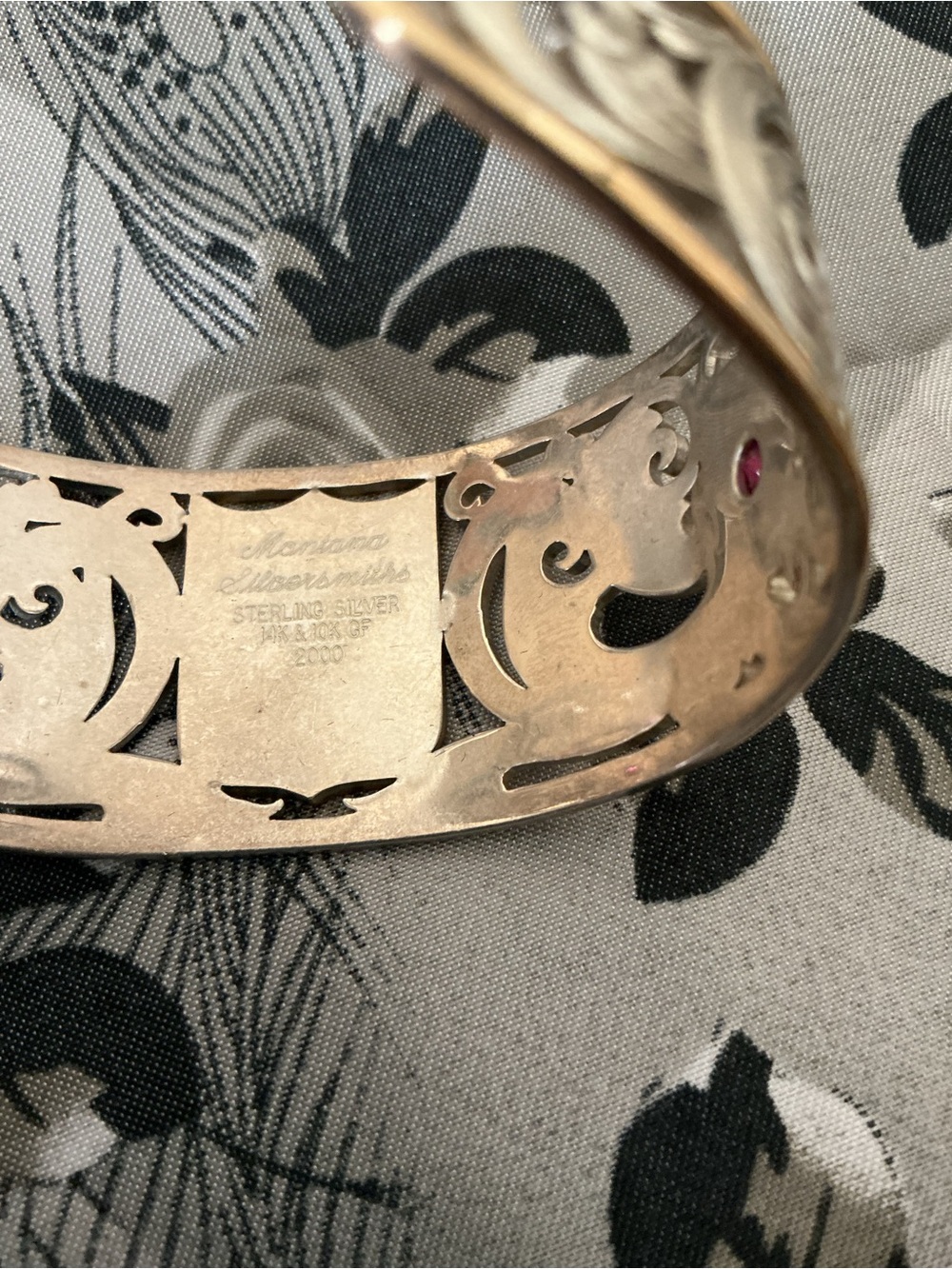 Montana Silversmiths Two-Tone NFR Western Scroll Cuff Bracelet with Ruby Accents - Picture 3 of 8